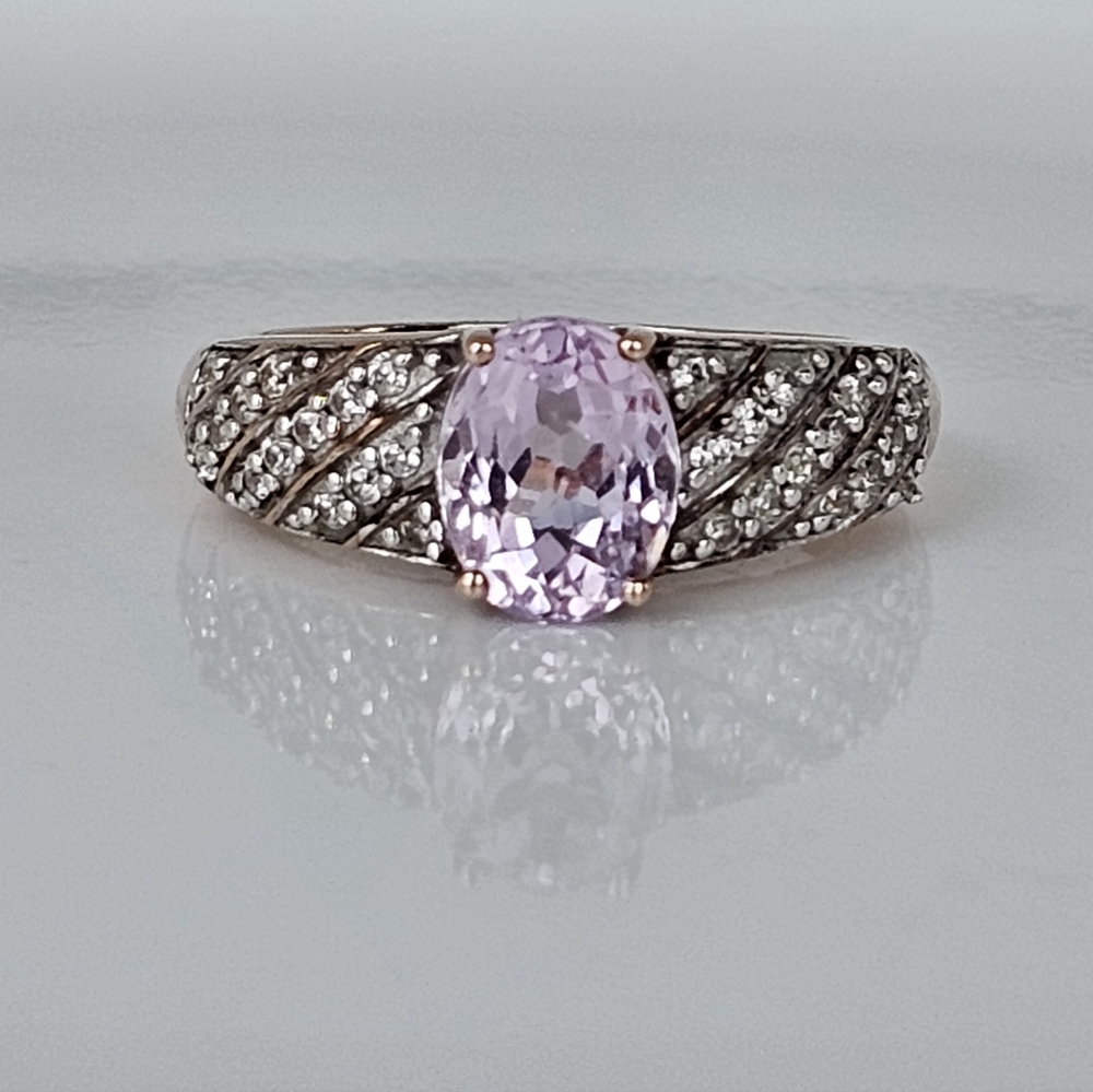 Natural Pink Kunzite & Diamond Ring 18k Rose Gold Sterling Silver Size 7.5